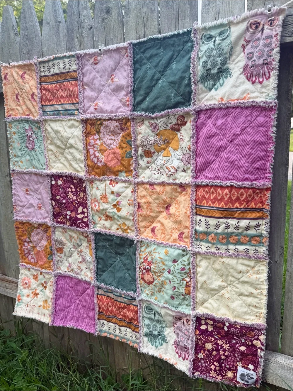 Handmade Woodland Baby Quilt: Patchwork Quilt, Cotton Rag Quilt, Moonlight Bunni
